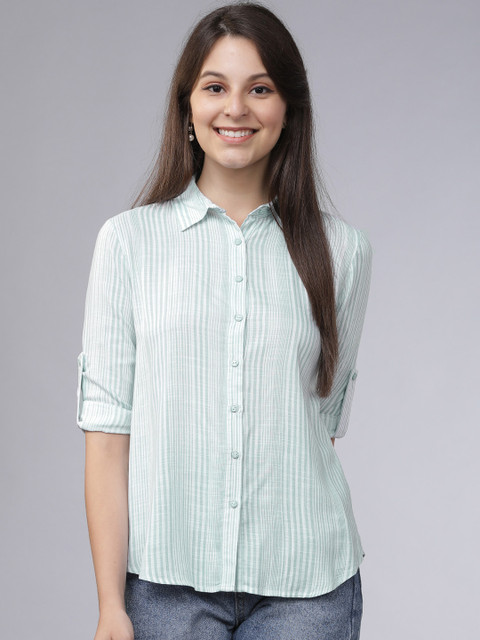 

Tokyo Talkies Women Green & Off-White Regular Fit Striped Casual Shirt