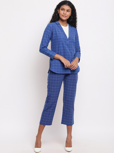 

FABNEST Women Blue & Grey Checked Coat with Trousers