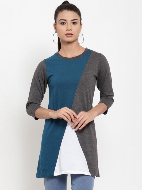 

Kalt Women Teal Blue & Charcoal Grey Colourblocked Longline T-shirt