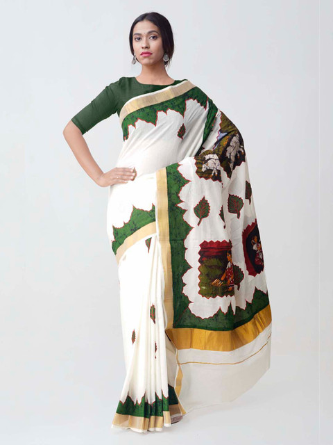 

Unnati Silks Cream-Coloured & Green Pure Cotton Woven Design Kasavu Saree
