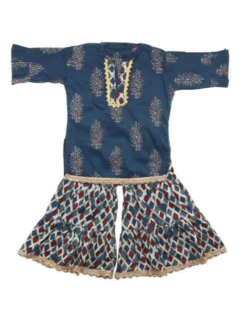 

YK Girls Blue Printed Handloom Kurti with Sharara
