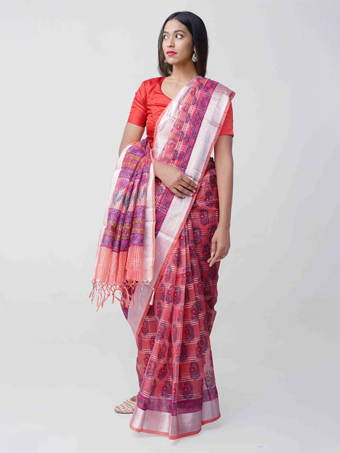 

Unnati Silks Pink & Silver-Coloured Cotton Blend Printed Kota Saree