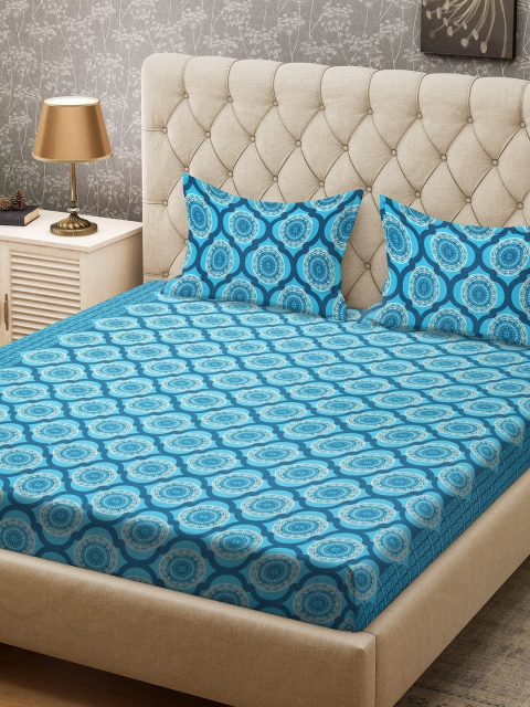 

CORE Designed by SPACES Blue Ethnic Motifs 104 TC Cotton 1 Queen Bedsheet with 2 Pillow Covers