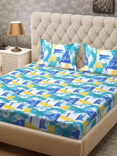 

CORE Designed by SPACES Blue Geometric 104 TC Cotton 1 Queen Bedsheet with 2 Pillow Covers