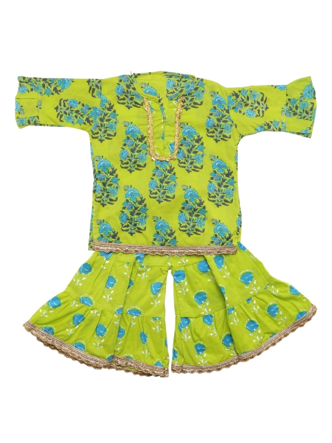 

YK Girls Lime Green & Turquoise Blue Handloom Printed Kurti with Sharara