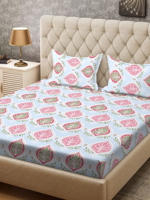 

CORE Designed by SPACES Blue & Pink Floral 104 TC Cotton 1 Queen Bedsheet with 2 Pillow Covers