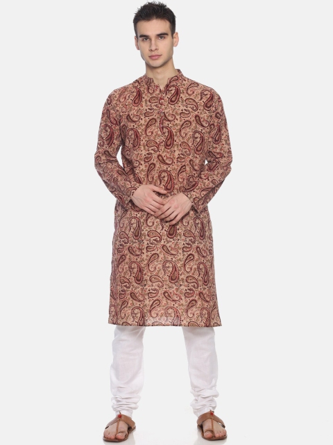 

PAROKSH Men Beige & Pink Printed Straight Kurta
