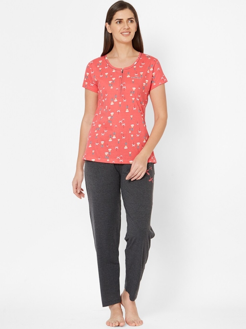 

Juliet Women Peach-Coloured & Grey Printed Night suit