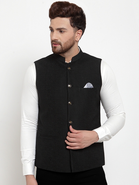 

MAXENCE Men Black Jacquard Nehru jacket With Pocket Square