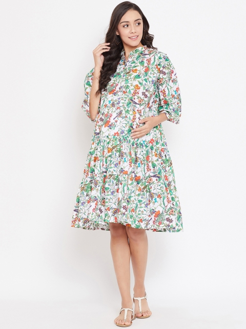 

The Kaftan Company Women White Floral Printed Maternity Fit and Flare Dress
