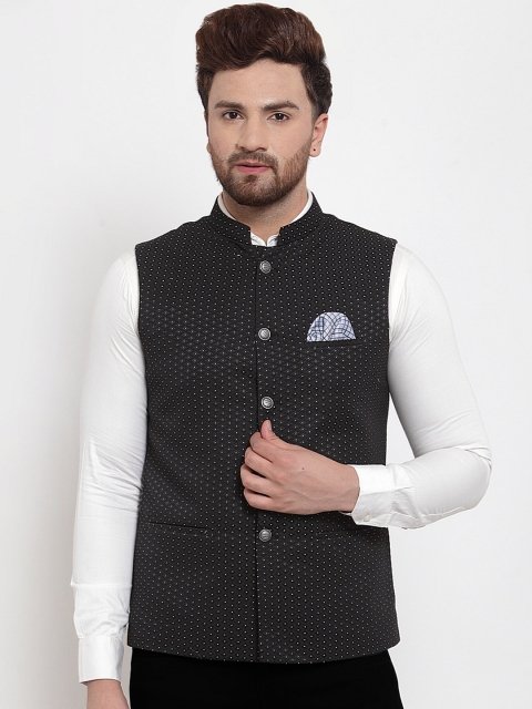 

MAXENCE Men Black & White Woven Design Slim Fit Nehru Jacket with Pocket Square