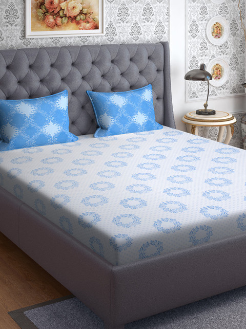 

CORE Designed by SPACES Blue & White Ethnic Motifs 144 TC Cotton 1 Queen Bedsheet with 2 Pillow Covers