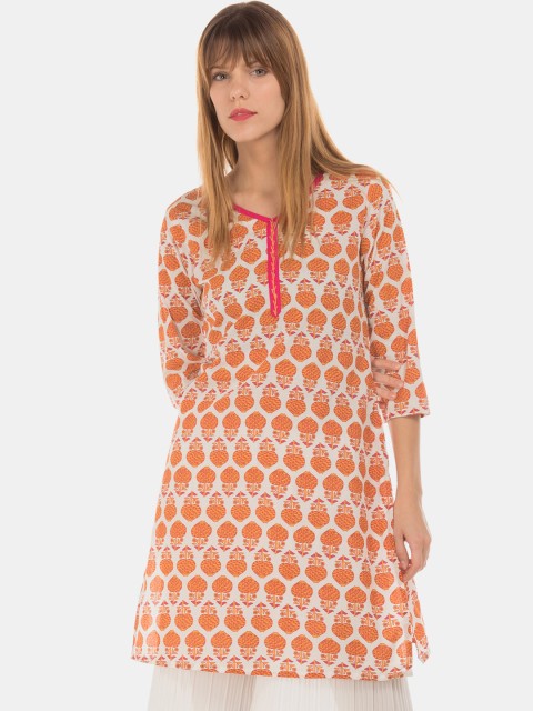 

Karigari Women Orange & White Printed Straight Kurta