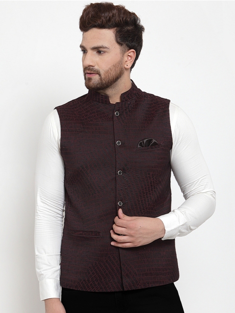 

MAXENCE Men Maroon & Black Woven Design Slim Fit Nehru Jacket with Pocket Square