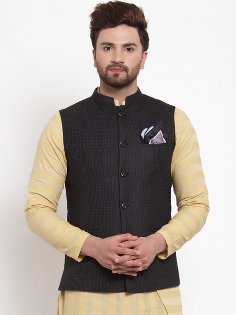 

MAXENCE Men Black Solid Jacquard Slim Fit Nehru Jacket