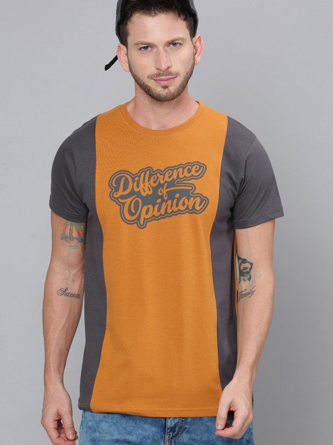 

Difference of Opinion Men Orange Grey Brand Logo Colourblocked Pure Cotton T-shirt