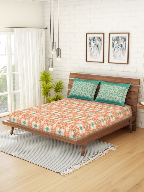 

CORE Designed by SPACES Orange & Green Ethnic Motifs 210 TC Cotton 1 Queen Bedsheet with 2 Pillow Covers