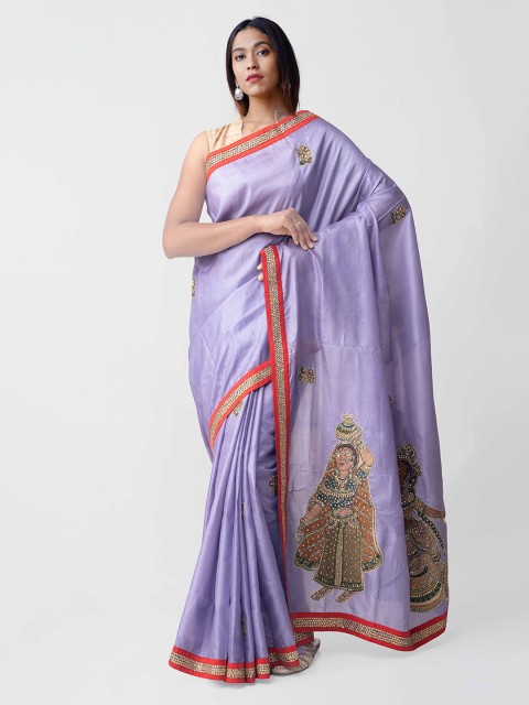 

Unnati Silks Violet Pure Silk Handloom Embroidered Kerala Tussar Silk Saree