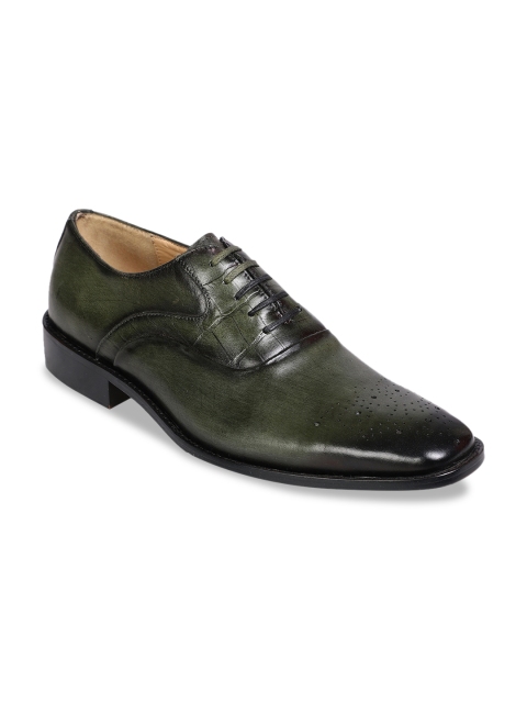 

MOURETTI Men Olive Green Solid Leather Formal Oxfords