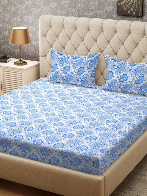 

CORE Designed by SPACES Blue & White Floral 104 TC Cotton 1 Queen Bedsheet with 2 Pillow Covers