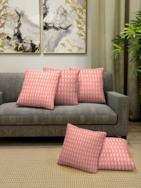 

KLOTTHE Set Of 5 Peach-Coloured & White Self Design Square Floor Cushions, Orange