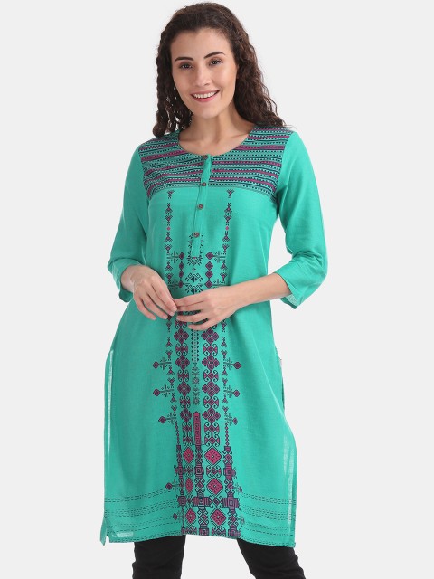 

Karigari Women Sea Green Printed Straight Kurta