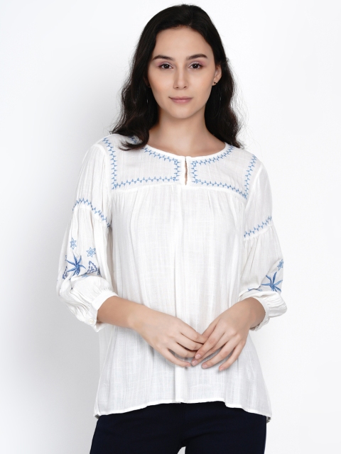 

Deal Jeans Women White Embroidered Linen Top