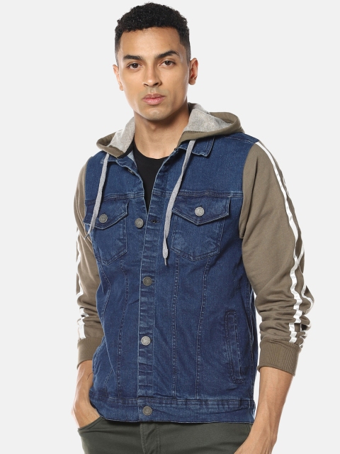 

Campus Sutra Men Blue Colourblocked Windcheater Denim Hooded Jacket