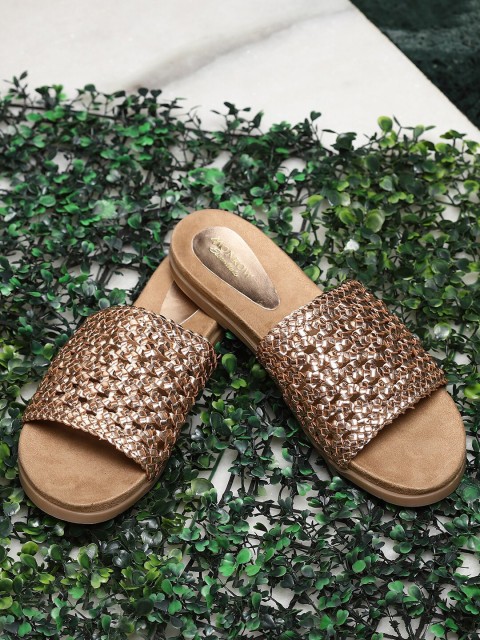 

Monrow Women Rose Gold Woven Design Open Toe Flats