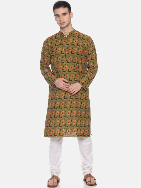 

PAROKSH Men Olive Green & Orange Printed Straight Kurta