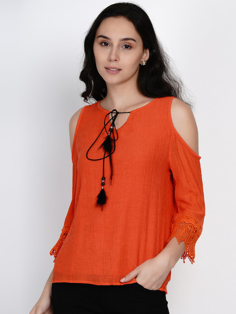 

Deal Jeans Women Orange Solid Tie-Up Neck Top