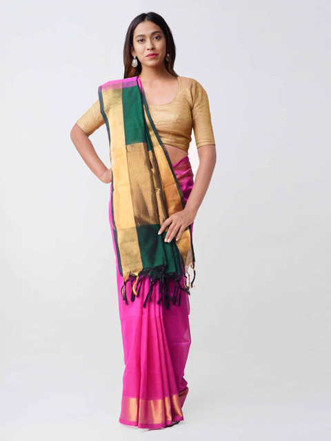 

Unnati Silks Pink & Green Silk Cotton Handloom Woven Design Uppada Saree