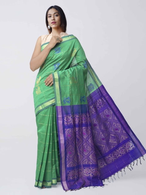 

Unnati Silks Green & Purple Silk Cotton Woven Design Kanjeevaram Saree