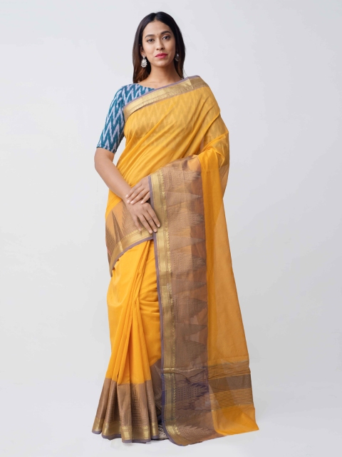 

Unnati Silks Yellow & Gold-Coloured Silk Cotton Woven Design Chettinad Saree