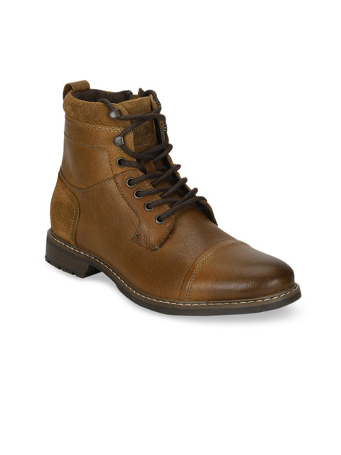 

Red Tape Men Tan Solid Leather Mid-Top Flat Boots