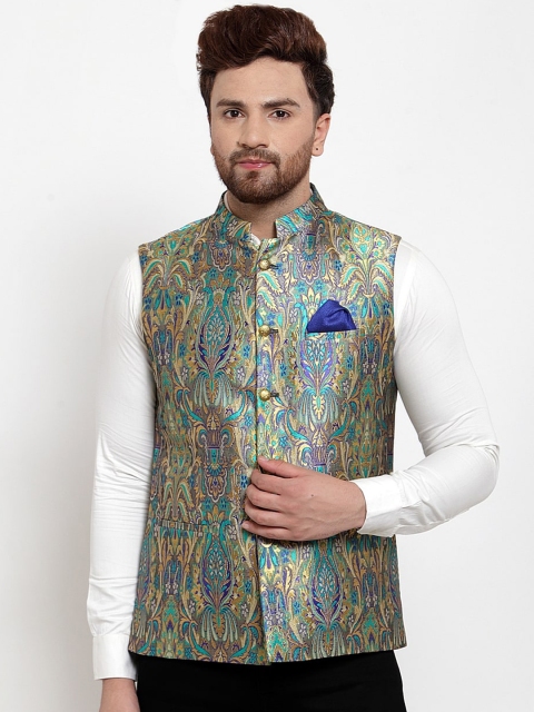 

MAXENCE Men Gold-Toned & Sea Green Woven Design Nehru jacket With Pocket Square