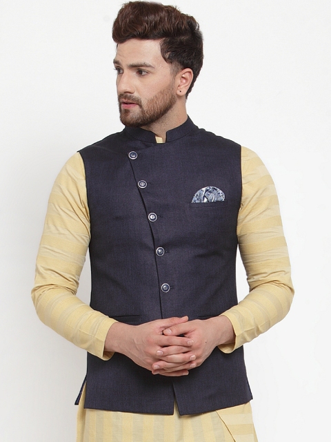 

MAXENCE Men Navy Blue Woven Design Slim Fit Nehru Jacket
