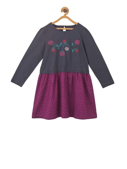

Miyo Girls Charcoal Grey & Pink Printed Knit A-Line Dress