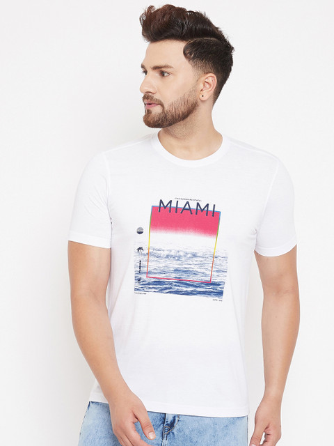 

Adobe Men White & Pink Printed Round Neck T-shirt