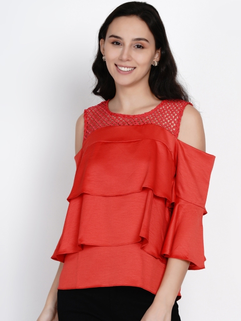 

Deal Jeans Women Coral Red Solid Tiered Top