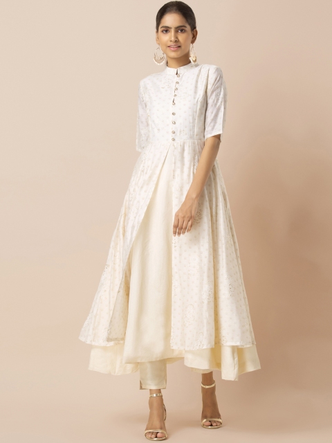 

INDYA Women White & Gold-Toned Foil Printed Anarkali Kurta