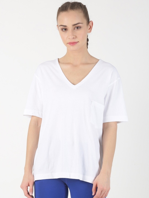 

Soul Space Women White Solid Organic Cotton V-Neck T-shirt
