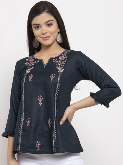 

LABEL REGALIA Women Navy Blue & Pink Embroidered Top