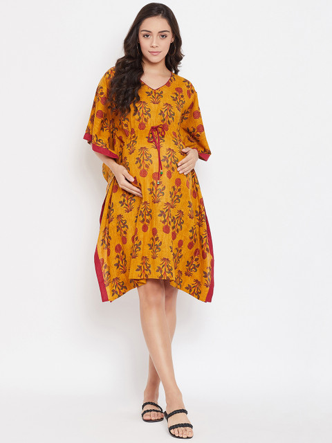 

The Kaftan Company Women Mustard Yellow & Red Printed Maternity Kaftan Dress