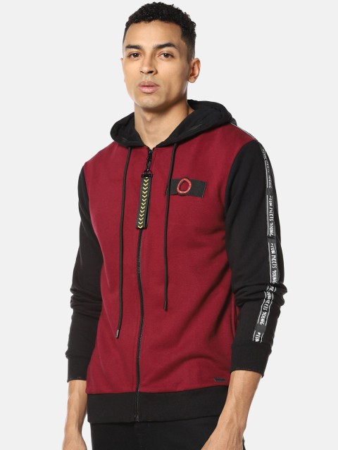 

Campus Sutra Men Maroon & Black Colourblocked Hooded Sweatshirt