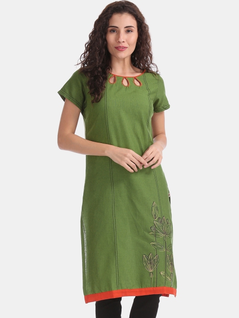 

Karigari Women Green & Orange Solid Straight Kurta