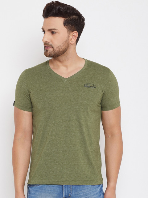

Adobe Men Olive Green Solid V-Neck T-shirt