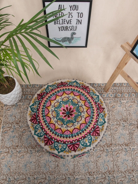 

Tistabene Multicoloured Mandala Insipred Computer Embroided Floor Cushion, Multi