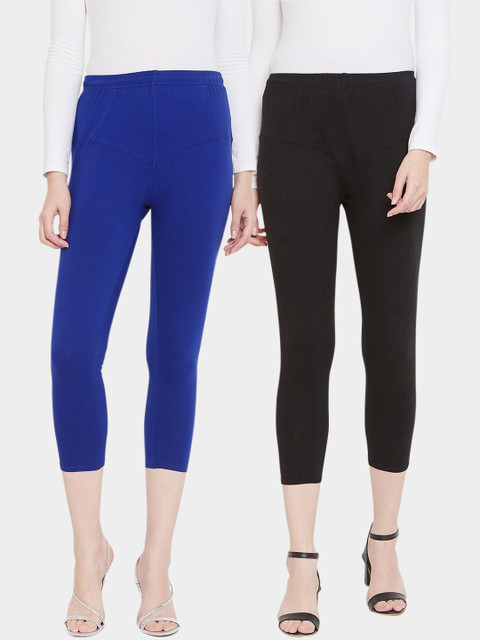 

Tulsattva Women Pack Of 2 Blue & Black Solid Three-Fourth Length Leggings