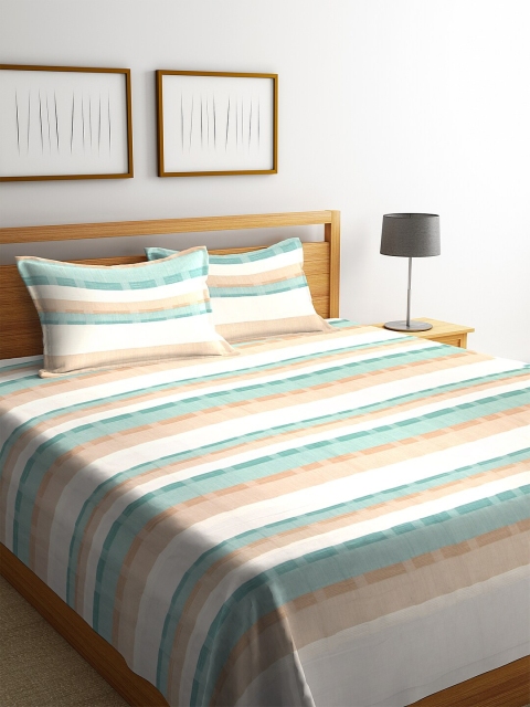

NEUDIS By Dhrohar Turquoise Blue & Off-White Striped Hand Woven Pintuck Double Bed Cover With 2 Pillow Covers